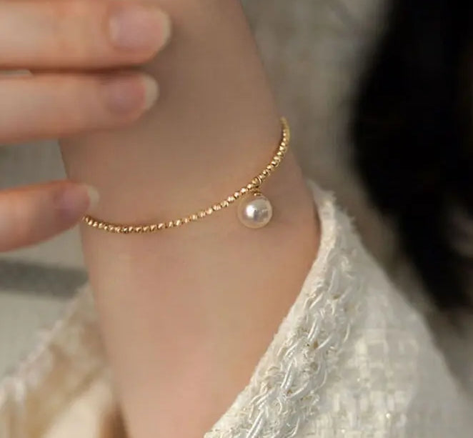 18K Laser Gold Ball Bracelet with Japan Akoya Pearl , 18k Yellow Gold Stacking Bracelet, Valentine's Day Gift Idea for Her Etsy