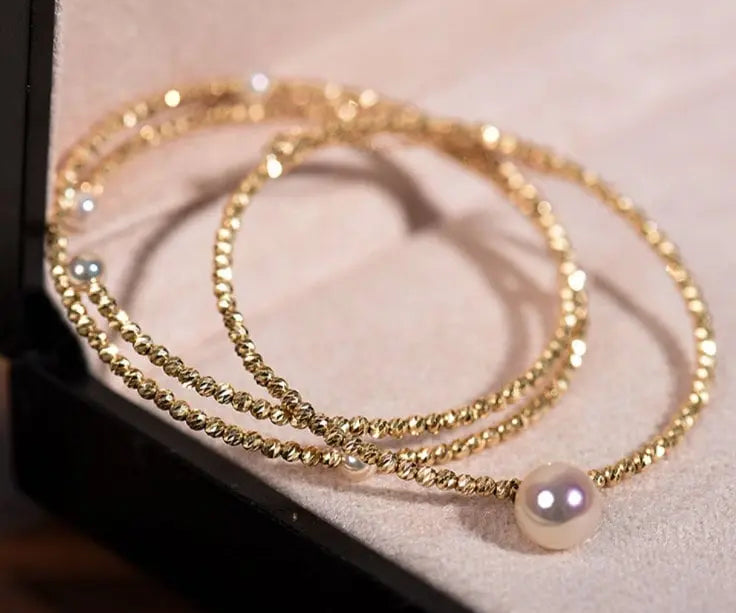 18K Laser Gold Ball Bracelet with Japan Akoya Pearl , 18k Yellow Gold Stacking Bracelet, Valentine's Day Gift Idea for Her Etsy