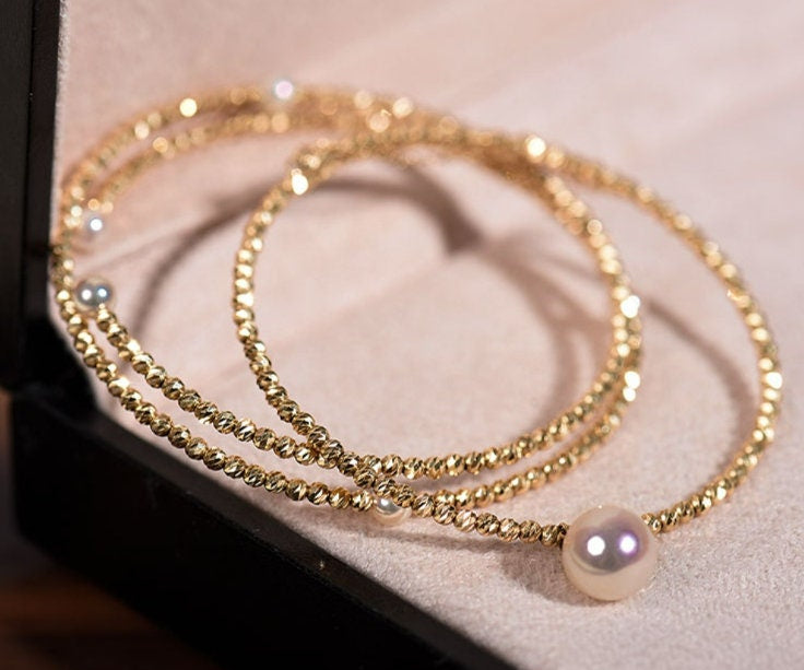 Japan Akoya Pearl 18K Laser Gold Ball Bracelet, 18k Yellow Gold Stacking Bracelet, Valentine's Day Gift Etsy