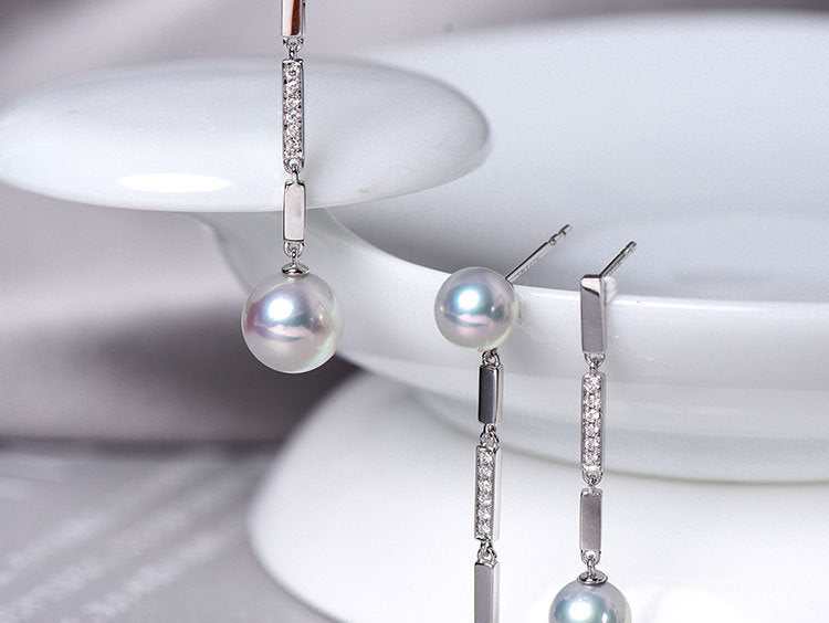 Natural Pearl Diamond 18K White Gold Tube Earrings - Valentines Day Etsy