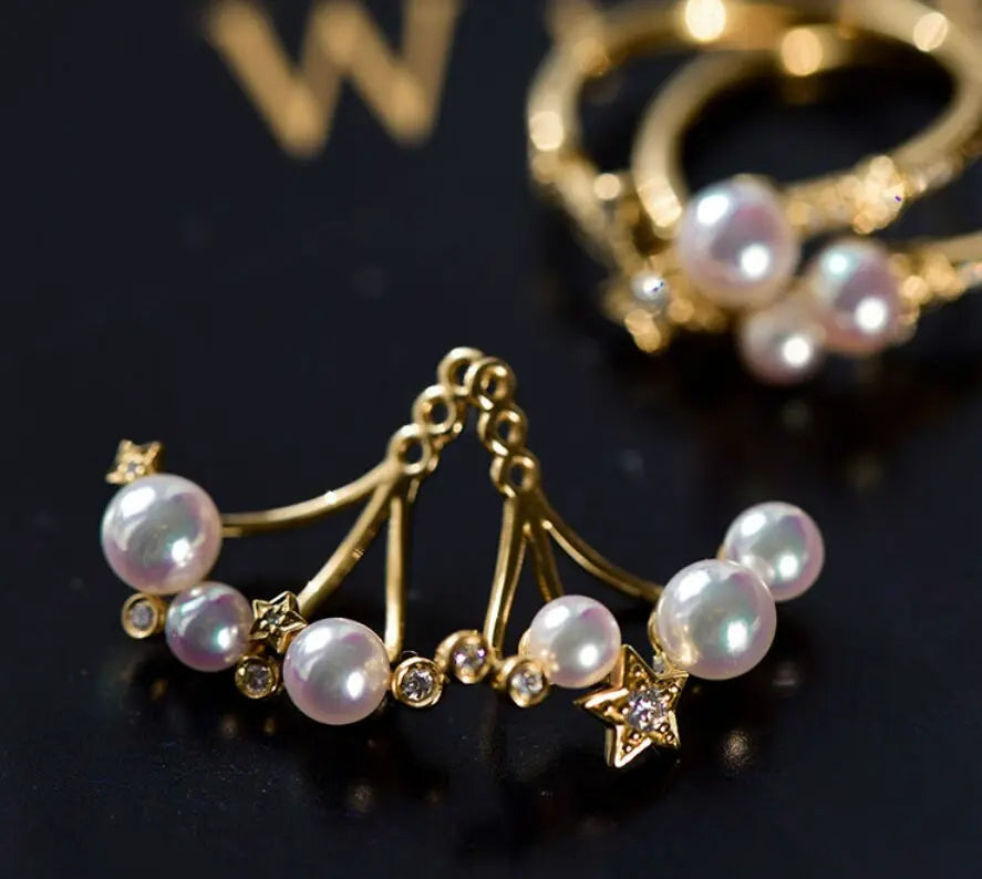 Cluster Star Akoya Pearl 18K Earrings, 18k Solid Yellow Gold Stud Earrings, Polaris Diamonds Earrings, Valentine's Day Gift Idea for GF Etsy