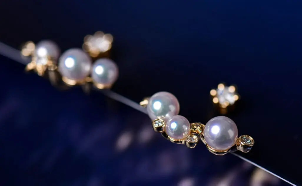 Cluster Star Akoya Pearl 18K Earrings, 18k Solid Yellow Gold Stud Earrings, Polaris Diamonds Earrings, Valentine's Day Gift Idea for GF Etsy