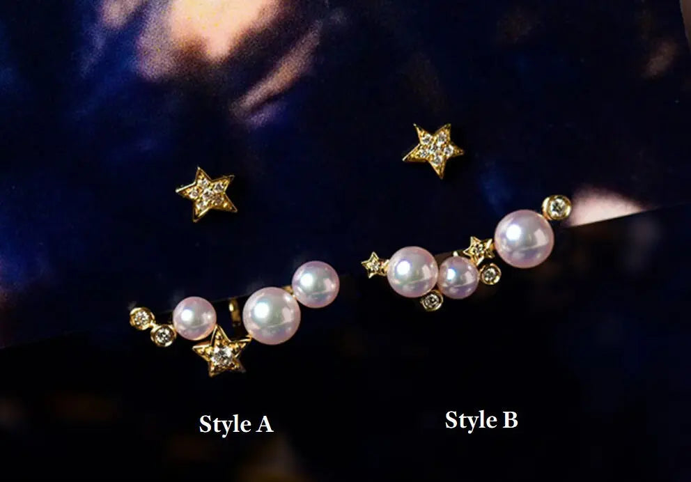 Cluster Star Akoya Pearl 18K Earrings, 18k Solid Yellow Gold Stud Earrings, Polaris Diamonds Earrings, Valentine's Day Gift Idea for GF Etsy