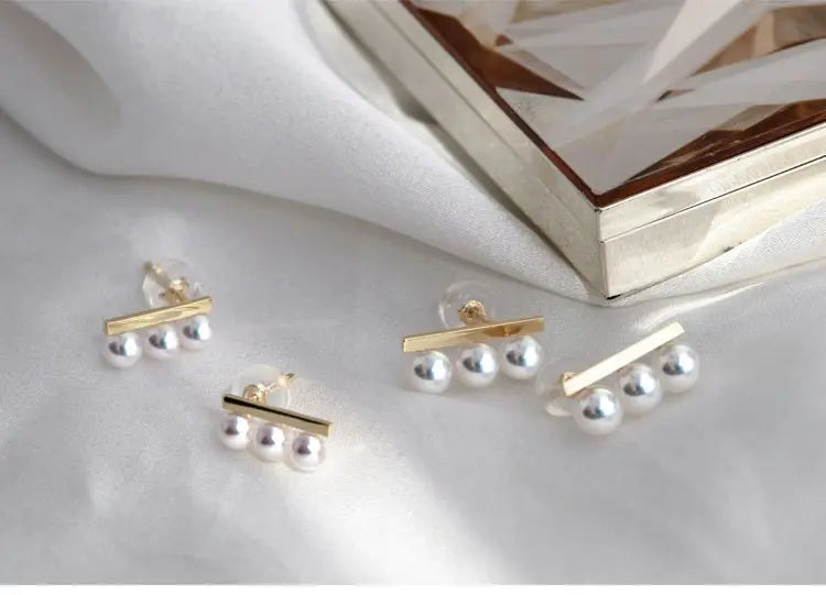 Three Akoya Pearl 18K Earrings, 18k Solid Yellow Gold Minimalist Earrings, Pearl Stud Earrings, Valentine's Day Gift Idea for GF Her Etsy