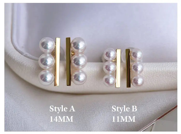 Three Akoya Pearl 18K Earrings, 18k Solid Yellow Gold Minimalist Earrings, Pearl Stud Earrings, Valentine's Day Gift Idea for GF Her Etsy