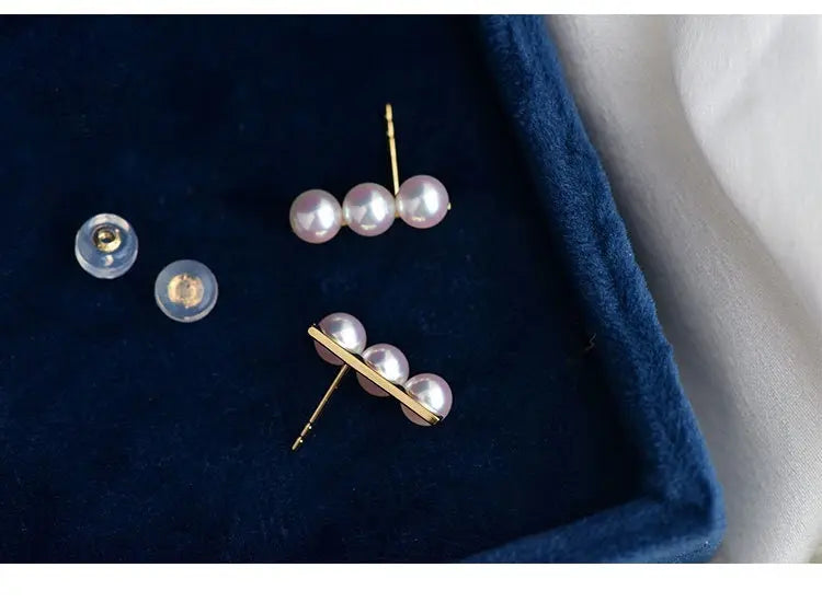 Three Akoya Pearl 18K Earrings, 18k Solid Yellow Gold Minimalist Earrings, Pearl Stud Earrings, Valentine's Day Gift Idea for GF Her Etsy