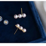 Three Akoya Pearl 18K Earrings, 18k Solid Yellow Gold Minimalist Earrings, Pearl Stud Earrings, Valentine's Day Gift Idea for GF Her Etsy