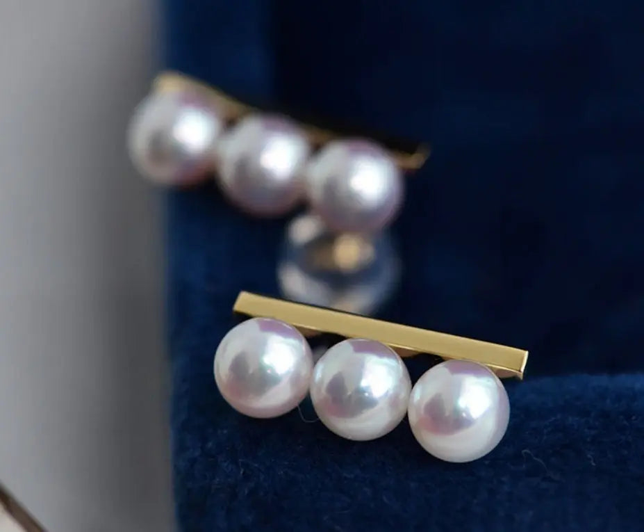 Three Akoya Pearl 18K Earrings, 18k Solid Yellow Gold Minimalist Earrings, Pearl Stud Earrings, Valentine's Day Gift Idea for GF Her Etsy