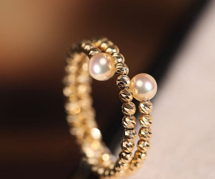 18K Laser Gold Ball Ring with Akoya Champagne Golden Pearl Ring, 18k Yellow Gold Stacking Ring, Valentine's Day Gift Idea for Her Etsy