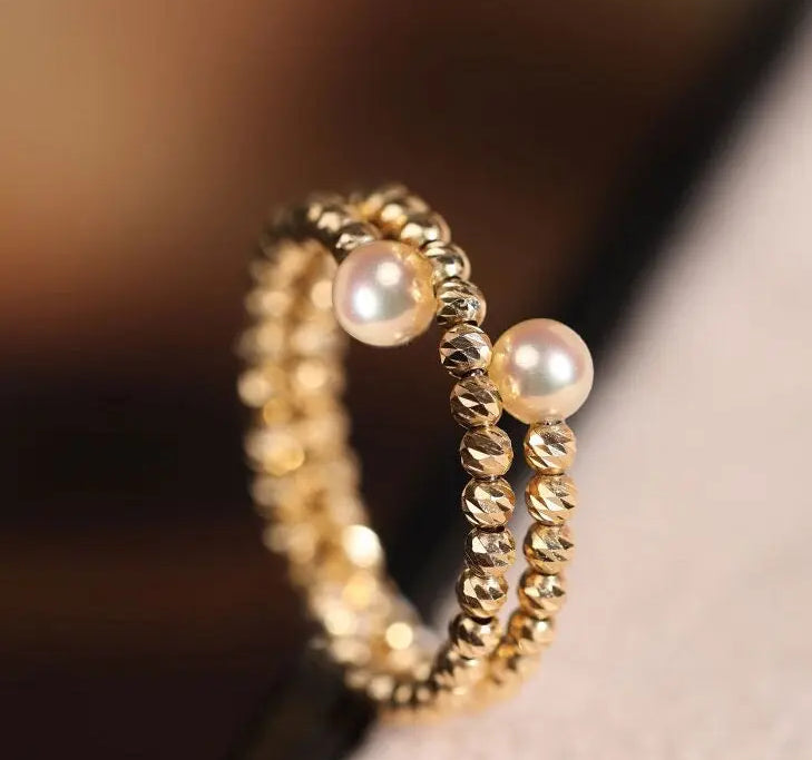 18K Laser Gold Ball Ring with Akoya Champagne Golden Pearl Ring, 18k Yellow Gold Stacking Ring, Valentine's Day Gift Idea for Her Etsy