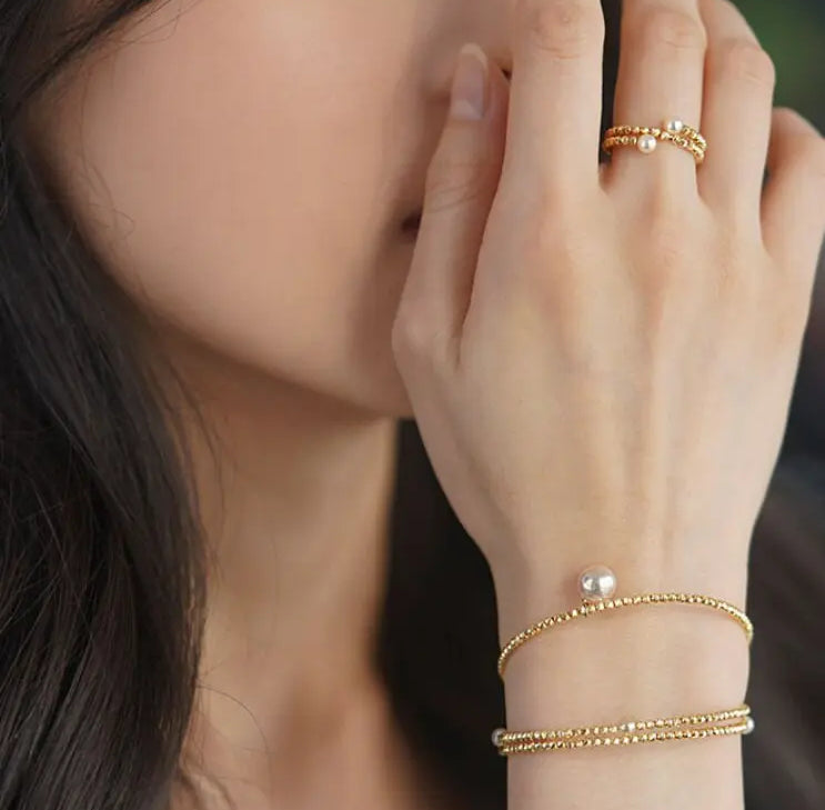 18K Laser Gold Ball Bracelet with Japan Akoya Pearl , 18k Yellow Gold Stacking Bracelet, Valentine's Day Gift Idea for Her Etsy