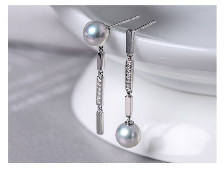 Natural Pearl Diamond 18K White Gold Tube Earrings - Valentines Day Etsy