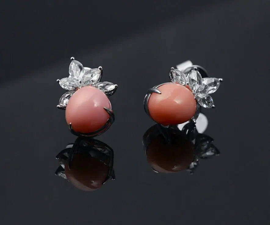 5.83Carat Queen Conch Pearl & White Diamond Earrings 18K White Gold Cluster Earrings, Pearls Strombus Gigas Etsy