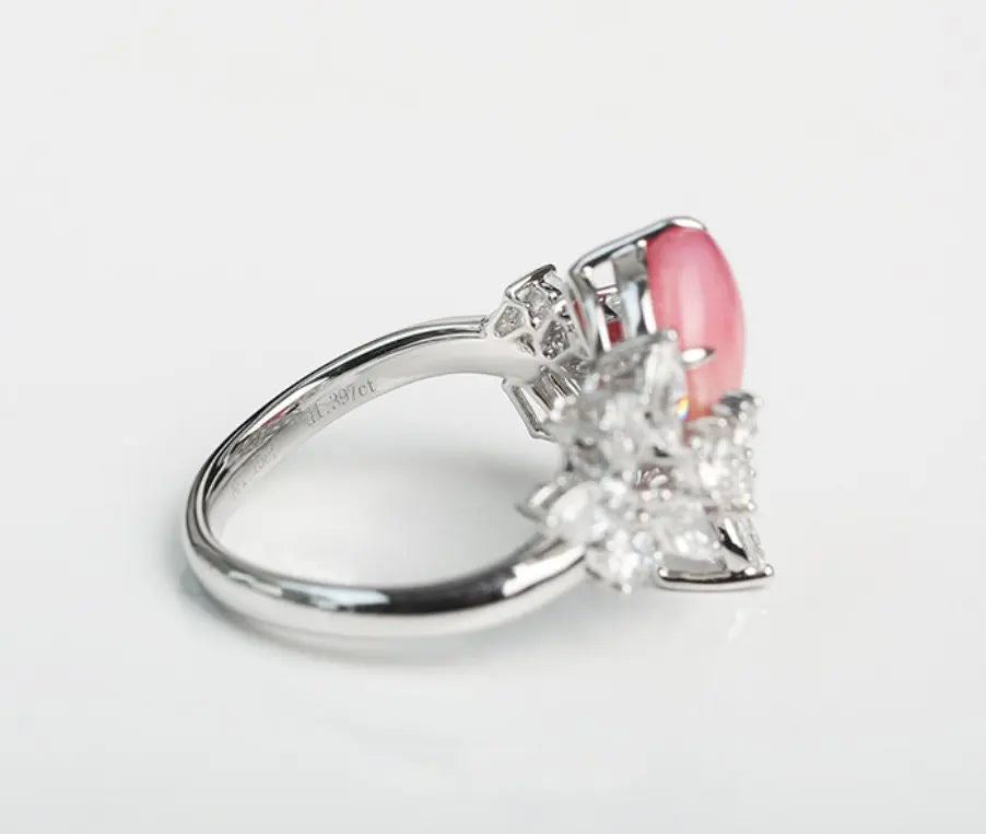 2.16Ct Queen Conch Pearl Ring & White Diamond, 18k Solid White Gold Cluster Ring, Strombus Gigas, Flamed Pink, Engagement Ring, Etsy