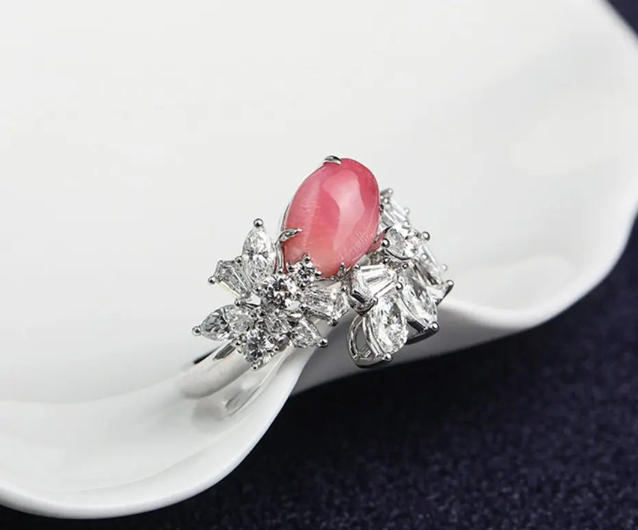 2.16Ct Queen Conch Pearl Ring & White Diamond, 18k Solid White Gold Cluster Ring, Strombus Gigas, Flamed Pink, Engagement Ring, Etsy