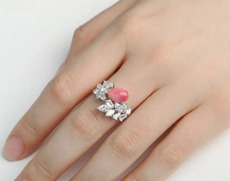 2.16Ct Queen Conch Pearl Ring & White Diamond, 18k Solid White Gold Cluster Ring, Strombus Gigas, Flamed Pink, Engagement Ring, Etsy