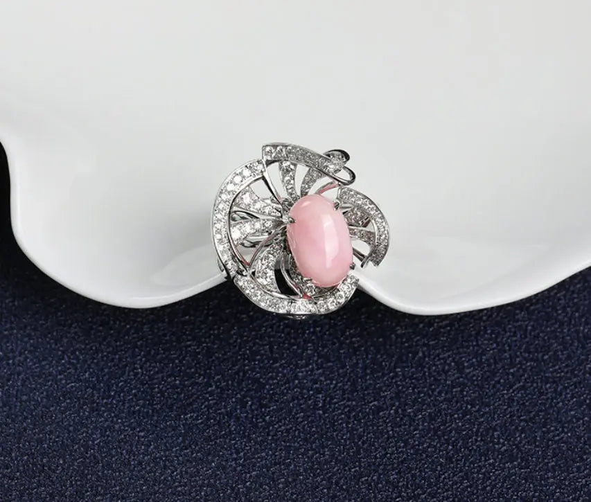 3.37Ct Queen Conch Pearl Necklace, 18k Solid White Gold Two Way Jewelry, Engagement Necklace, Sakura Flower Ring Necklace - LaCorserArtJewelry