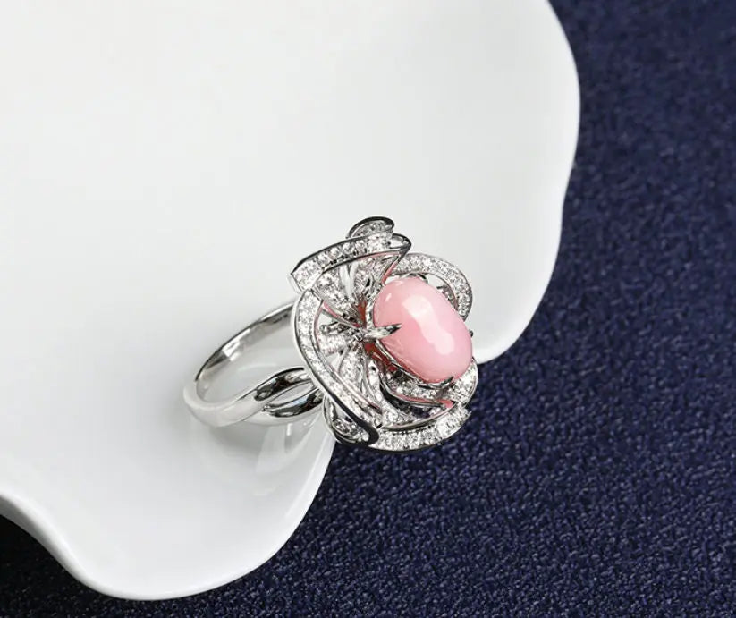 3.37Ct Queen Conch Pearl Necklace, 18k Solid White Gold Two Way Jewelry, Engagement Necklace, Sakura Flower Ring Necklace - LaCorserArtJewelry