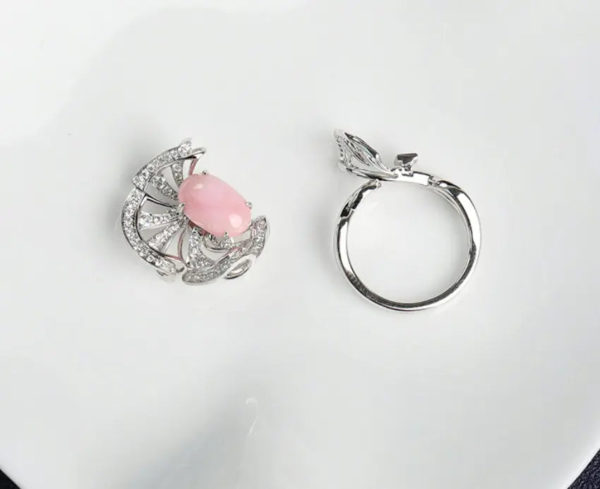 3.37Ct Queen Conch Pearl Necklace, 18k Solid White Gold Two Way Jewelry, Engagement Necklace, Sakura Flower Ring Necklace - LaCorserArtJewelry
