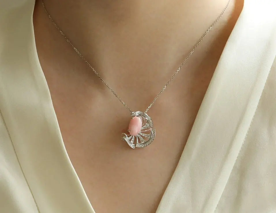 3.37Ct Queen Conch Pearl Necklace, 18k Solid White Gold Two Way Jewelry, Engagement Necklace, Sakura Flower Ring Necklace - LaCorserArtJewelry