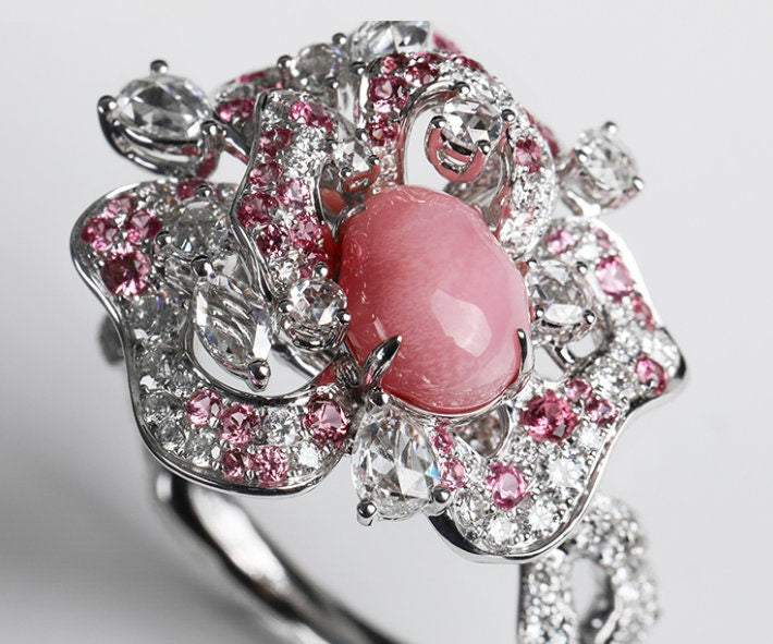 Rose 2.54Ct Queen Conch Pearl Ring Necklace & Spinel White Diamond, 18k Solid White Gold Two Way Jewelry, Engagement Flower Ring, Pink Stone Etsy