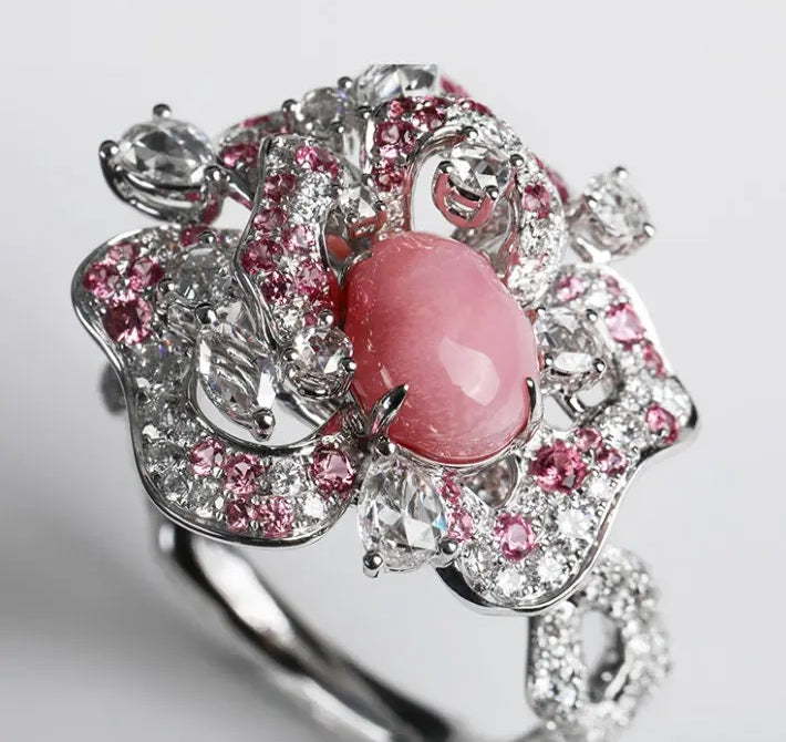 Rose 2.54Ct Queen Conch Pearl Ring Necklace & Spinel White Diamond, 18k Solid White Gold Two Way Jewelry, Engagement Flower Ring, Pink Stone Etsy