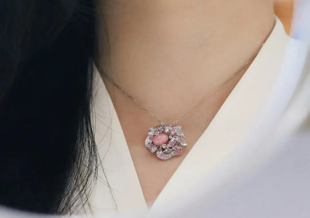 Rose 2.54Ct Queen Conch Pearl Ring Necklace & Spinel White Diamond, 18k Solid White Gold Two Way Jewelry, Engagement Flower Ring, Pink Stone Etsy