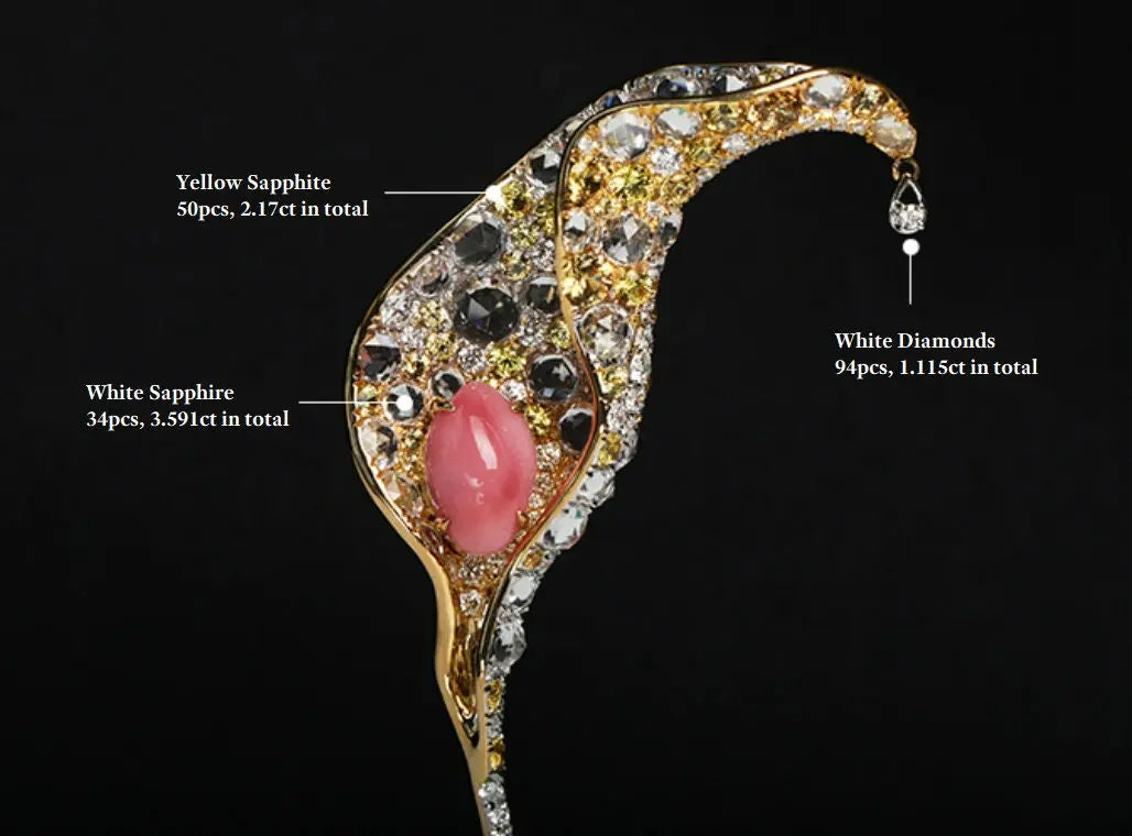 Alocasia 18K Brooch with 2.49Ct Queen Conch Pearl, 18k Solid Yellow Gold Brooch, Natural Queen Conch Pearl, White Sappihre Gold Brooch Etsy