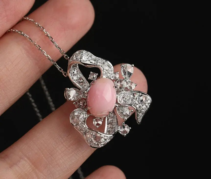 Bowknot 3.32Ct Queen Conch Pearl 18K Gold Necklace Ring & White Diamond, 18k Solid White Gold Two Way Jewelry, Engagement Freeform Necklace Etsy