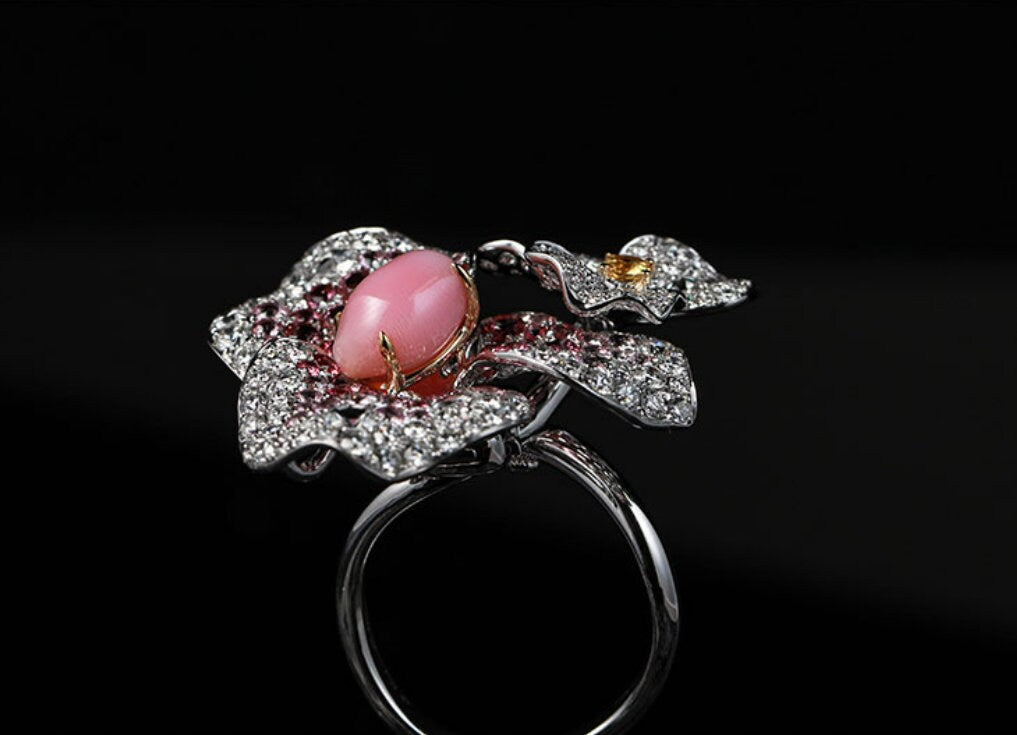 Queen Conch Pearl  Diamond Ring - 18K Gold Bougainvillea Flower Jewelry Etsy