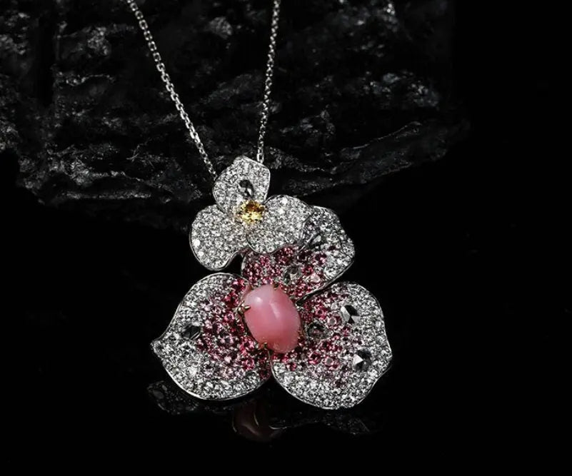 Bougainvillea Necklace with 2.86Ct Queen Conch Pearl 18K Gold & White Diamond, 18k Solid White Gold Flower Necklace, Three Way Jewelry Etsy