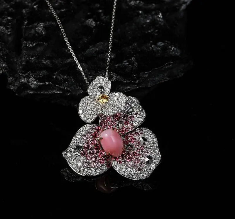Bougainvillea Necklace with 2.86Ct Queen Conch Pearl 18K Gold & White Diamond, 18k Solid White Gold Flower Necklace, Three Way Jewelry Etsy