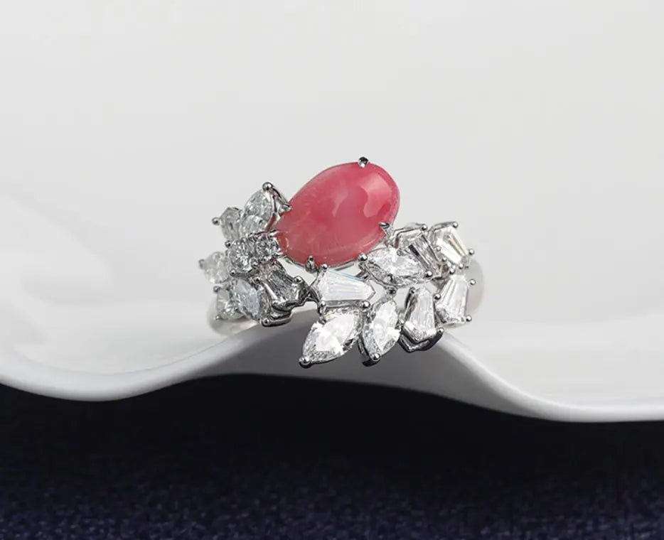 2.16Ct Queen Conch Pearl Ring & White Diamond, 18k Solid White Gold Cluster Ring, Strombus Gigas, Flamed Pink, Engagement Ring, Etsy