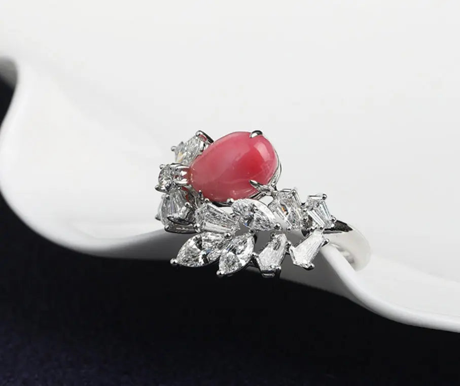 2.16Ct Queen Conch Pearl Ring & White Diamond, 18k Solid White Gold Cluster Ring, Strombus Gigas, Flamed Pink, Engagement Ring, Etsy
