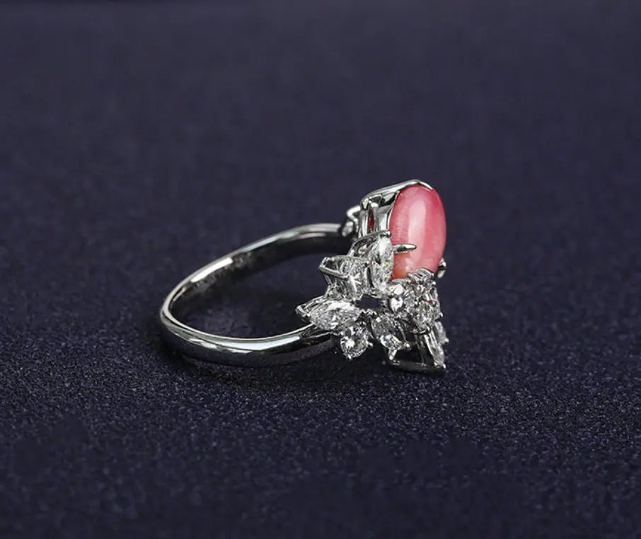 2.16Ct Queen Conch Pearl Ring & White Diamond, 18k Solid White Gold Cluster Ring, Strombus Gigas, Flamed Pink, Engagement Ring, Etsy