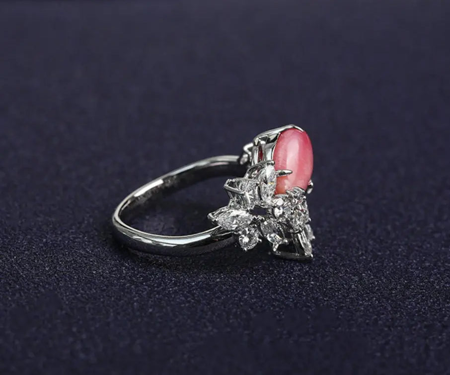 2.16Ct Queen Conch Pearl Ring & White Diamond, 18k Solid White Gold Cluster Ring, Strombus Gigas, Flamed Pink, Engagement Ring, Etsy