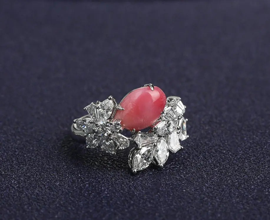 2.16Ct Queen Conch Pearl Ring & White Diamond, 18k Solid White Gold Cluster Ring, Strombus Gigas, Flamed Pink, Engagement Ring, Etsy