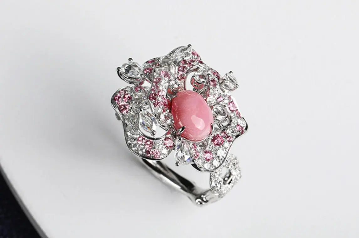 Rose 2.54Ct Queen Conch Pearl Ring Necklace & Spinel White Diamond, 18k Solid White Gold Two Way Jewelry, Engagement Flower Ring, Pink Stone Etsy