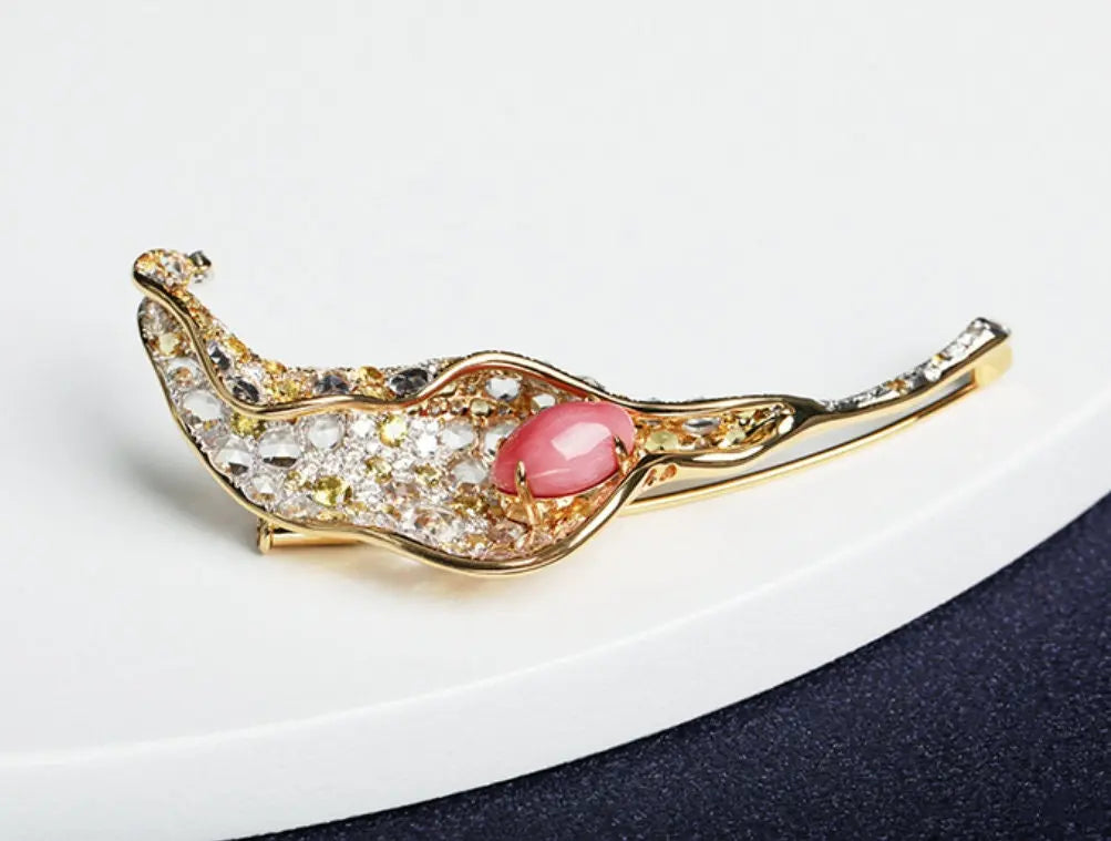 Alocasia 18K Brooch with 2.49Ct Queen Conch Pearl, 18k Solid Yellow Gold Brooch, Natural Queen Conch Pearl, White Sappihre Gold Brooch Etsy