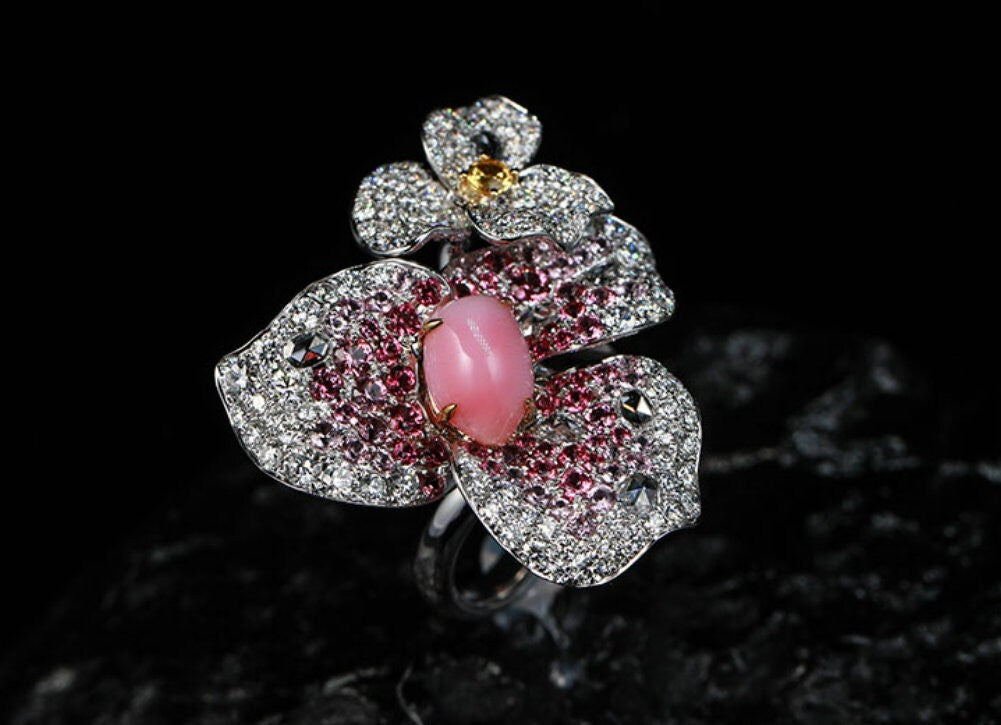 Queen Conch Pearl  Diamond Ring - 18K Gold Bougainvillea Flower Jewelry Etsy