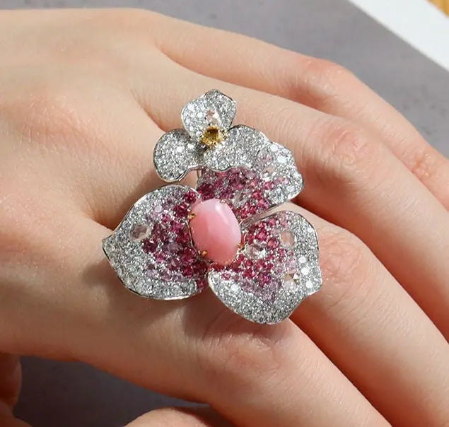 Bougainvillea Necklace with 2.86Ct Queen Conch Pearl 18K Gold & White Diamond, 18k Solid White Gold Flower Necklace, Three Way Jewelry Etsy