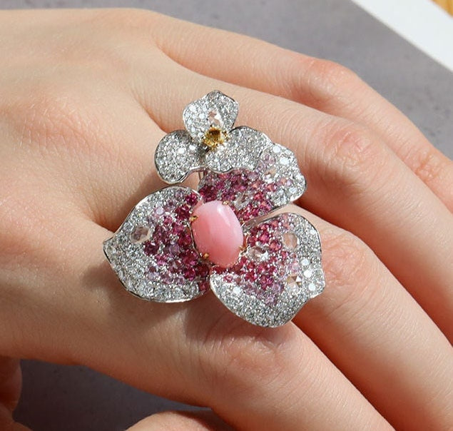 Queen Conch Pearl  Diamond Ring - 18K Gold Bougainvillea Flower Jewelry Etsy