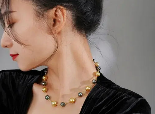 AAAA+ 12mm Tahitian Peacock Green Pearls Beaded Necklace, 14K Yellow Gold Etsy