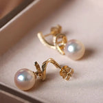 5A+ Japan Akoya Pearl Free Form Earrings, 18k Solid Yellow Gold Whirl Earrings, Natural White Diamonds Earrings, Christmas Gift Idea for GF Etsy