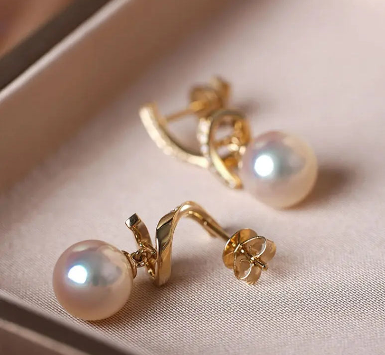 5A+ Japan Akoya Pearl Free Form Earrings, 18k Solid Yellow Gold Whirl Earrings, Natural White Diamonds Earrings, Christmas Gift Idea for GF Etsy