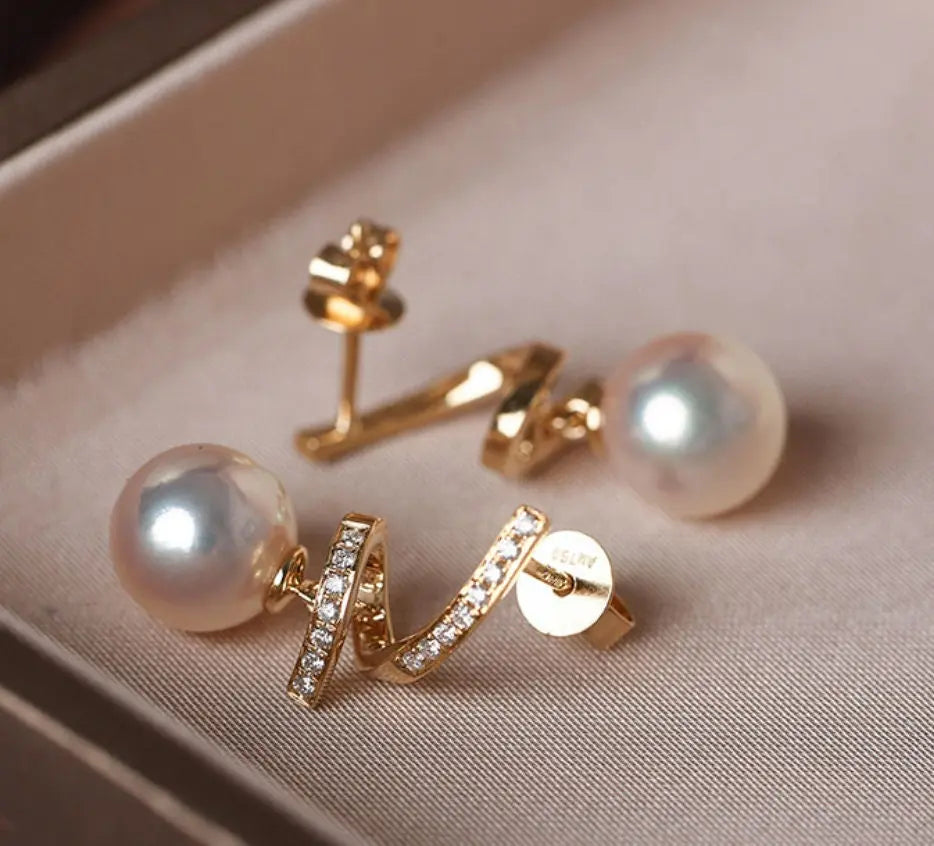 5A+ Japan Akoya Pearl Free Form Earrings, 18k Solid Yellow Gold Whirl Earrings, Natural White Diamonds Earrings, Christmas Gift Idea for GF Etsy