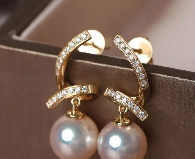 5A+ Japan Akoya Pearl Free Form Earrings, 18k Solid Yellow Gold Whirl Earrings, Natural White Diamonds Earrings, Christmas Gift Idea for GF Etsy