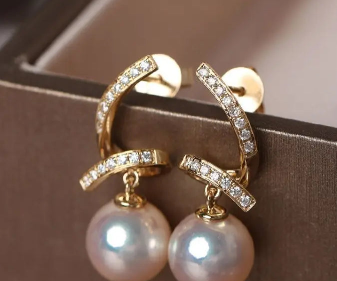 5A+ Japan Akoya Pearl Free Form Earrings, 18k Solid Yellow Gold Whirl Earrings, Natural White Diamonds Earrings, Christmas Gift Idea for GF Etsy