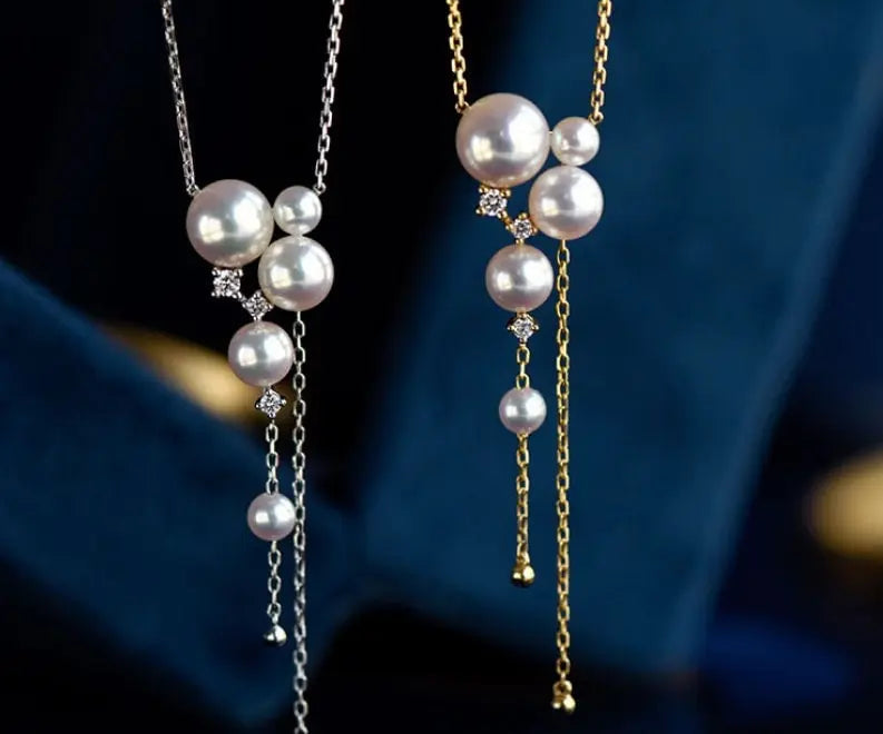 Galaxy Akoya Pearl Diamonds 18K Gold Necklace, Universe Inspired Necklace, 18K Yellow Solid Gold Necklace, Diamonds Cluster Necklace Etsy