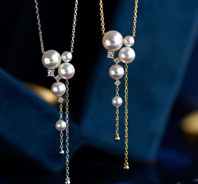 Galaxy Akoya Pearl Diamonds 18K Gold Necklace, Universe Inspired Necklace, 18K Yellow Solid Gold Necklace, Diamonds Cluster Necklace Etsy